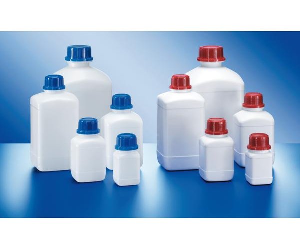 Frasco de cuello estrecho, PEHD, cuadrado, blanco
