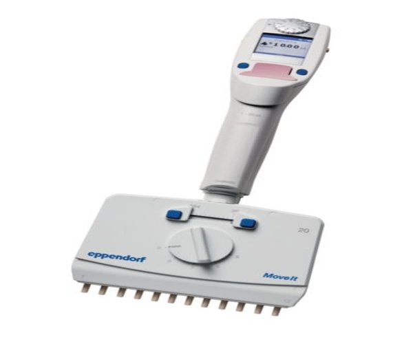 Eppendorf Xplorer plus Move It, distancia de cono ajustable, 12 canales, 1 – 20 µL, rosa pálido
