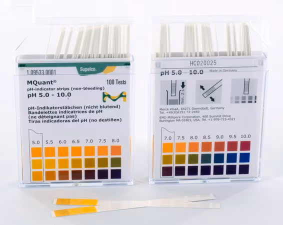 pH-indicator strips pH 5.0 - 10.0 non-bleeding, colorimetric, pH range 5.0-10.0, graduación y acc