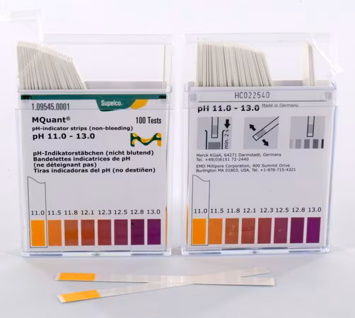 pH-indicator strips pH 11.0 - 13.0 no sanging, colorimetric, pH rango 11.0-13.0, MQuant pack 1X1E