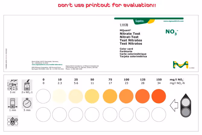Nitrato Test colorimetric, 10-150 mg/L (NO3−), para uso con MQUANT pack 1X1EA