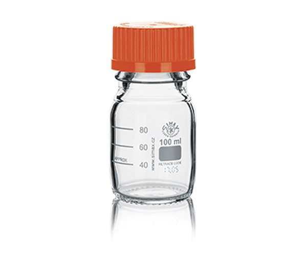 Frasco ISO Simax con tapon y anillo naranja 100ml 10 uds