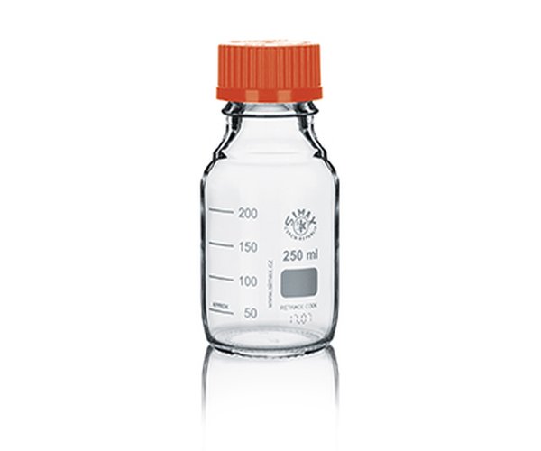 Frasco ISO Simax con tapon y anillo naranja 250ml 10 uds