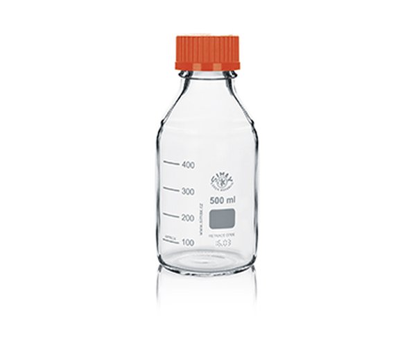 Frasco ISO Simax con tapon y anillo naranja 500ml 10 uds