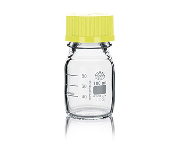 Frasco ISO Simax con tapon y anillo amarillo 100ml 10 uds