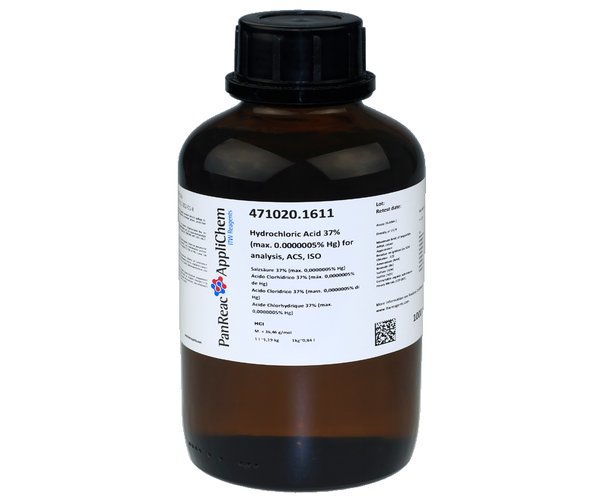 Acido Clorhidrico 37% (max. 0,0000005% de Hg) (Reag. USP) para analisis, ACS, ISO , 1 L