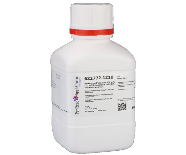 Hidrogeno Peroxido 3% p/v (10 vol.) estabilizado VINIKIT, para analisis de vino , 500 mL