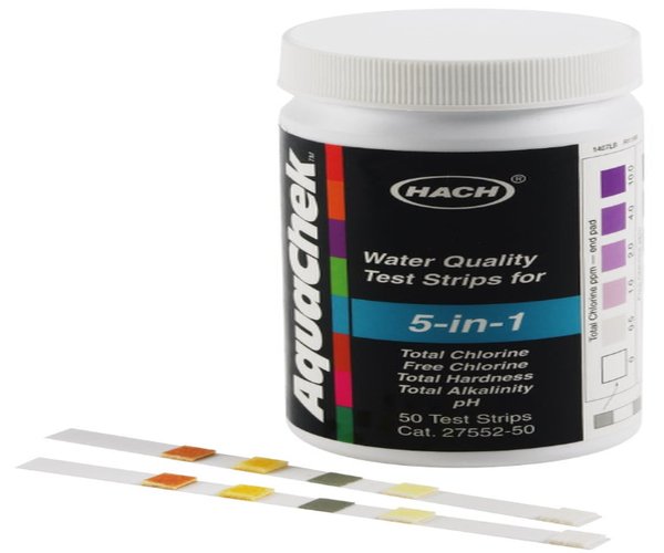 5 en 1, TEST STRIPS, p/ Cloro libre  y total, dureza, alcalinidad y pH
